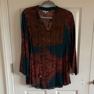 Benares Women's Teal and Rust Boho Blouse Size Small V-Neck with pockets